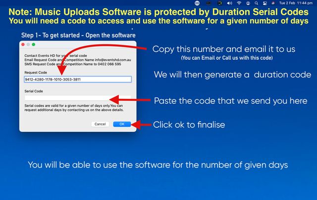 Picture guide showing where to find and enter the software serial number